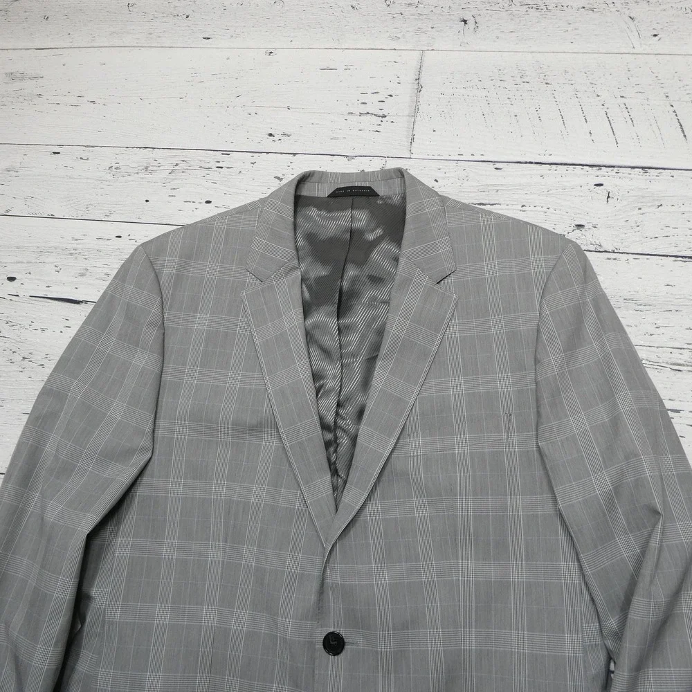 Hugo Boss BOSS Blazer Mens 42L 52 Gray Plaid Stretch Suit Jacket The James3